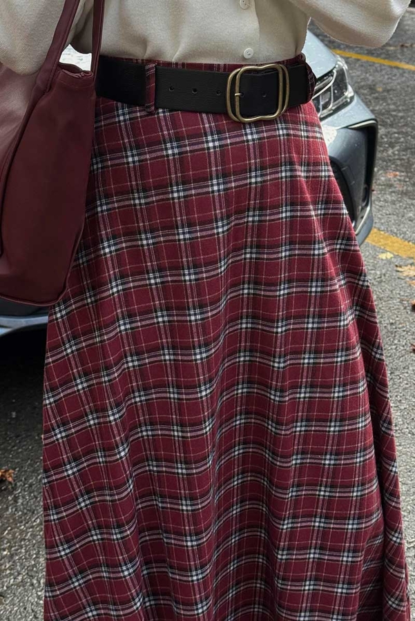 Plaid Pattern A-Line Skirt Dark Red - 9