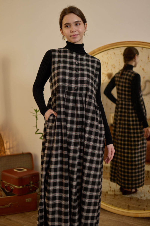 Plaid Pattern Jumper Dress Black - 3