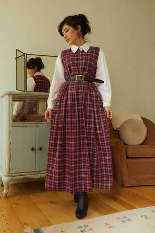 Plaid Pattern Jumper Dress Dark Red - 4