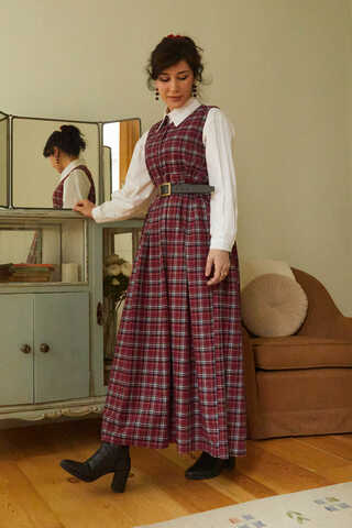 Plaid Pattern Jumper Dress Dark Red - 5