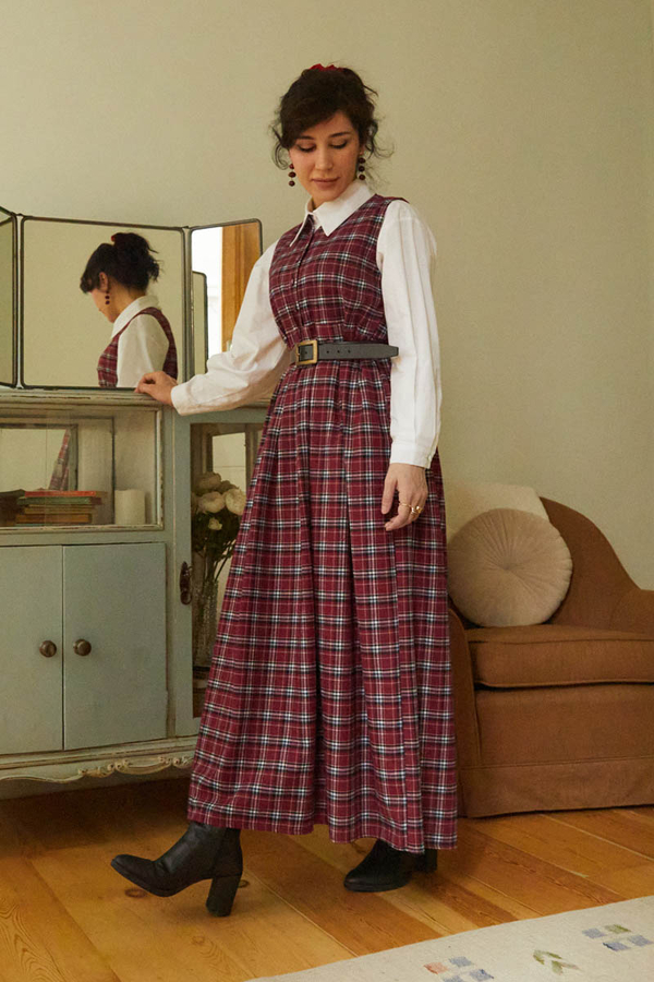 Plaid Pattern Jumper Dress Dark Red - 5