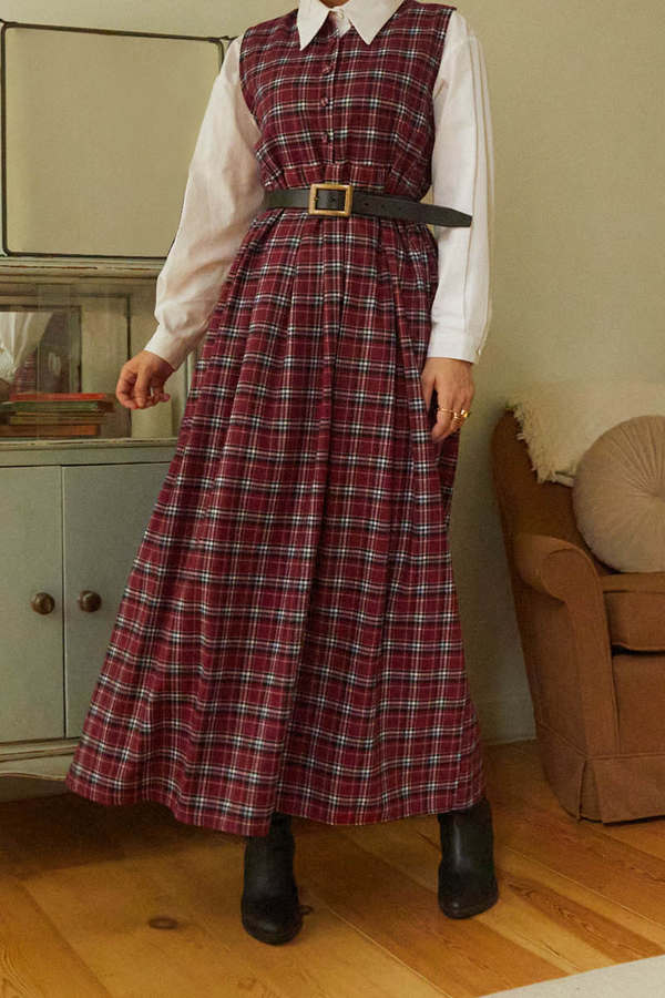 Plaid Pattern Jumper Dress Dark Red - 2