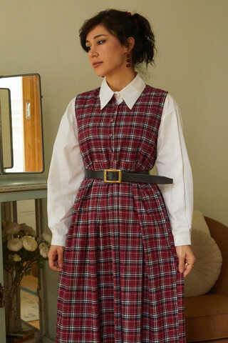 Plaid Pattern Jumper Dress Dark Red - 7