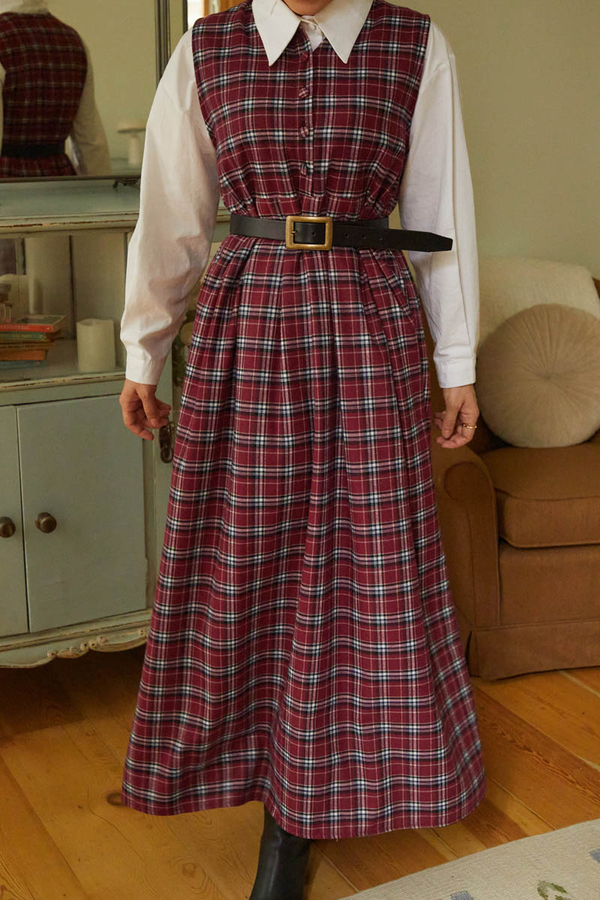 Plaid Pattern Jumper Dress Dark Red - 9