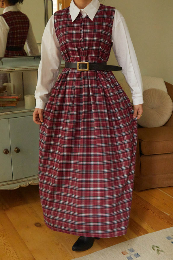 Plaid Pattern Jumper Dress Dark Red - 10