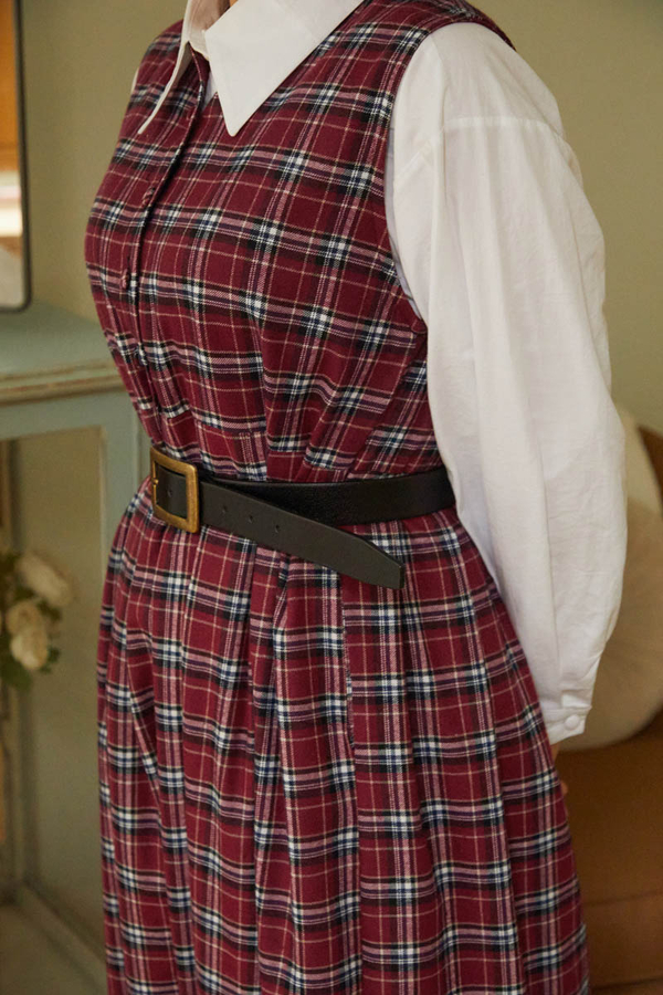 Plaid Pattern Jumper Dress Dark Red - 13