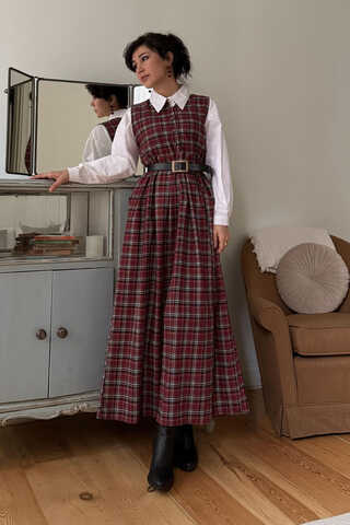 Plaid Pattern Jumper Dress Dark Red - 14