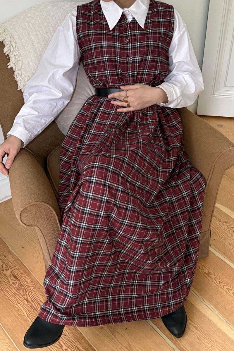 Plaid Pattern Jumper Dress Dark Red