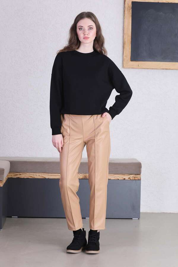 Straight Leg Leather Trousers Beige - 2