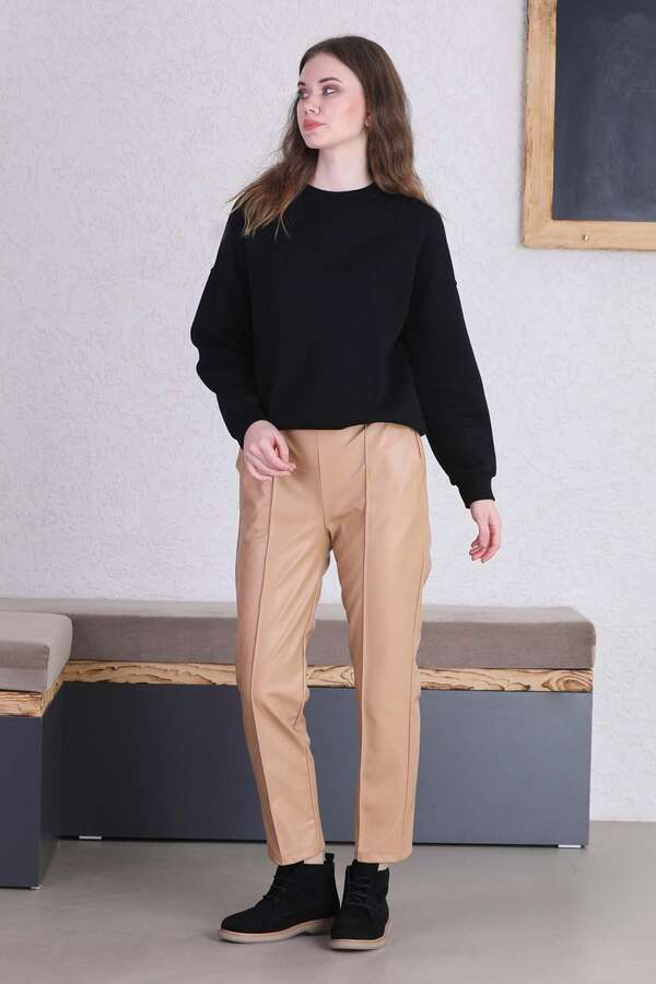 Straight Leg Leather Trousers Beige - 3