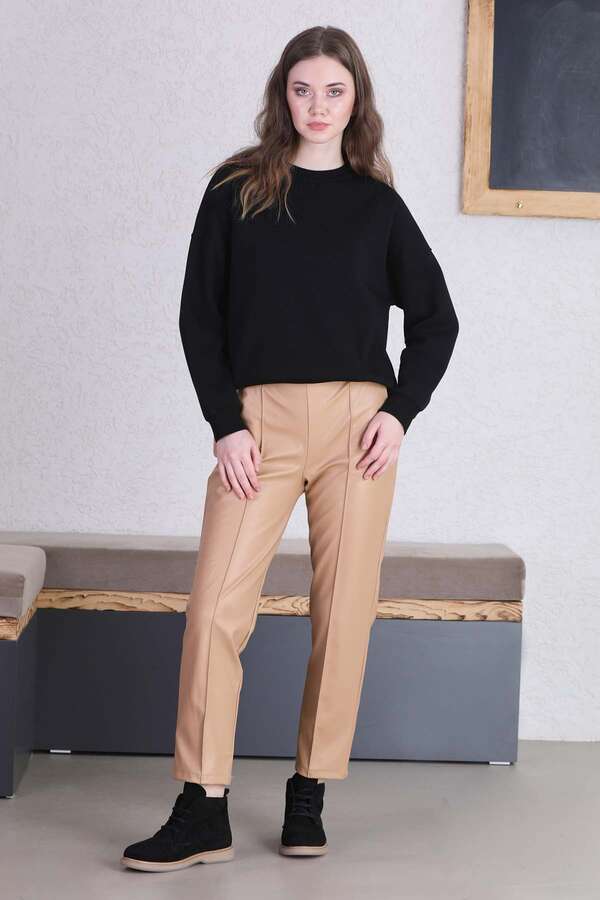 Straight Leg Leather Trousers Beige - 4