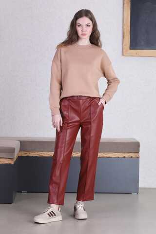 Straight Leg Leather Trousers Burgundy - 1