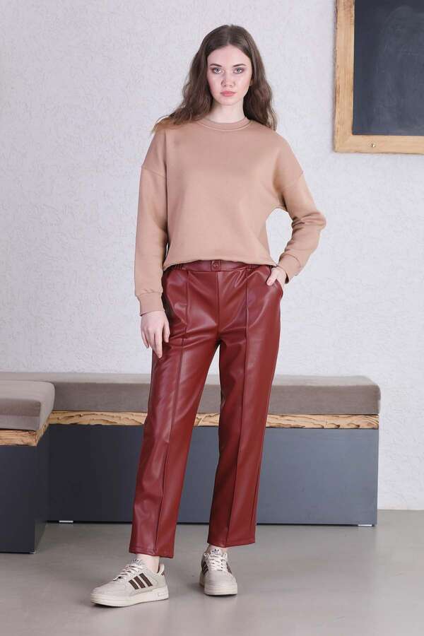 Straight Leg Leather Trousers Burgundy 
