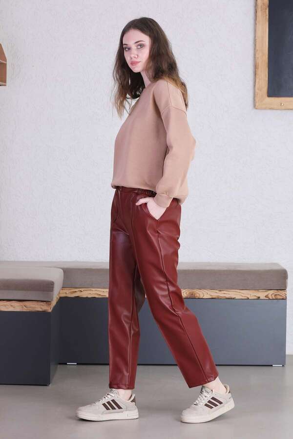Straight Leg Leather Trousers Burgundy - 3