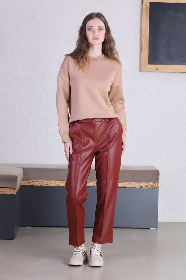 Straight Leg Leather Trousers Burgundy - 4
