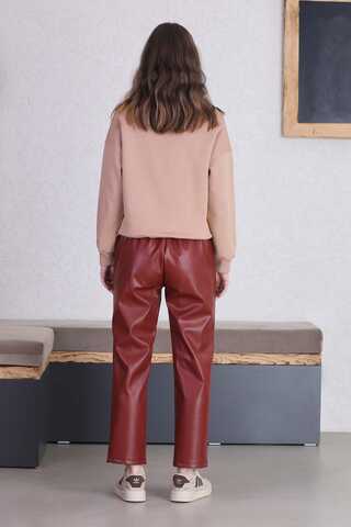 Straight Leg Leather Trousers Burgundy - 5
