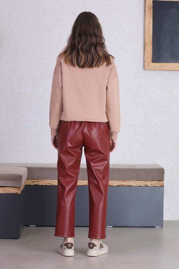 Straight Leg Leather Trousers Burgundy - 5