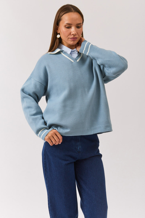 Plain Polo Sweater Baby Blue - 3