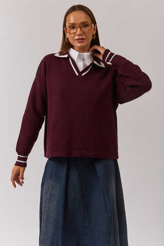 Plain Polo Sweater Burgundy - 3
