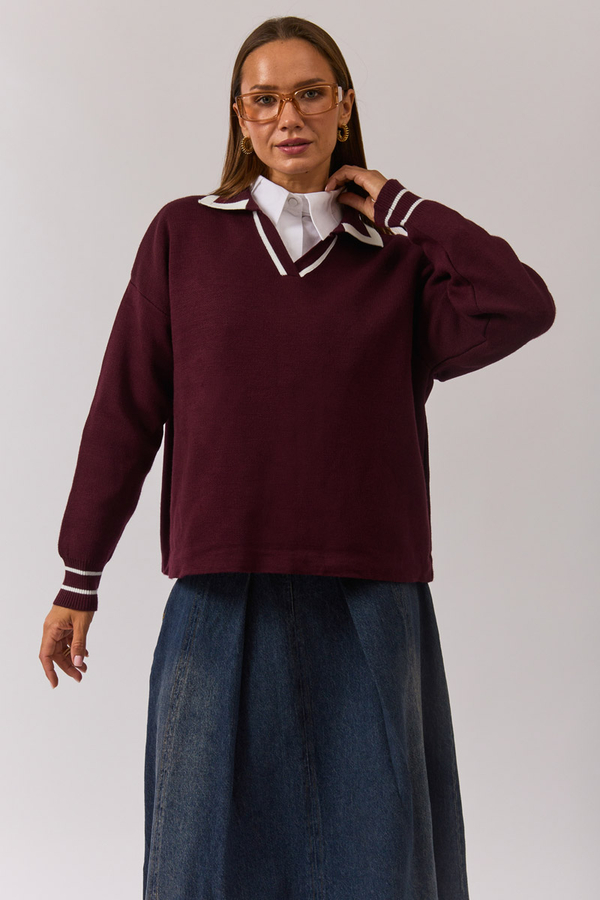 Plain Polo Sweater Burgundy - 3