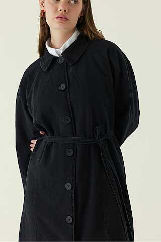 Pleat Detail Denim Coat Black - 2