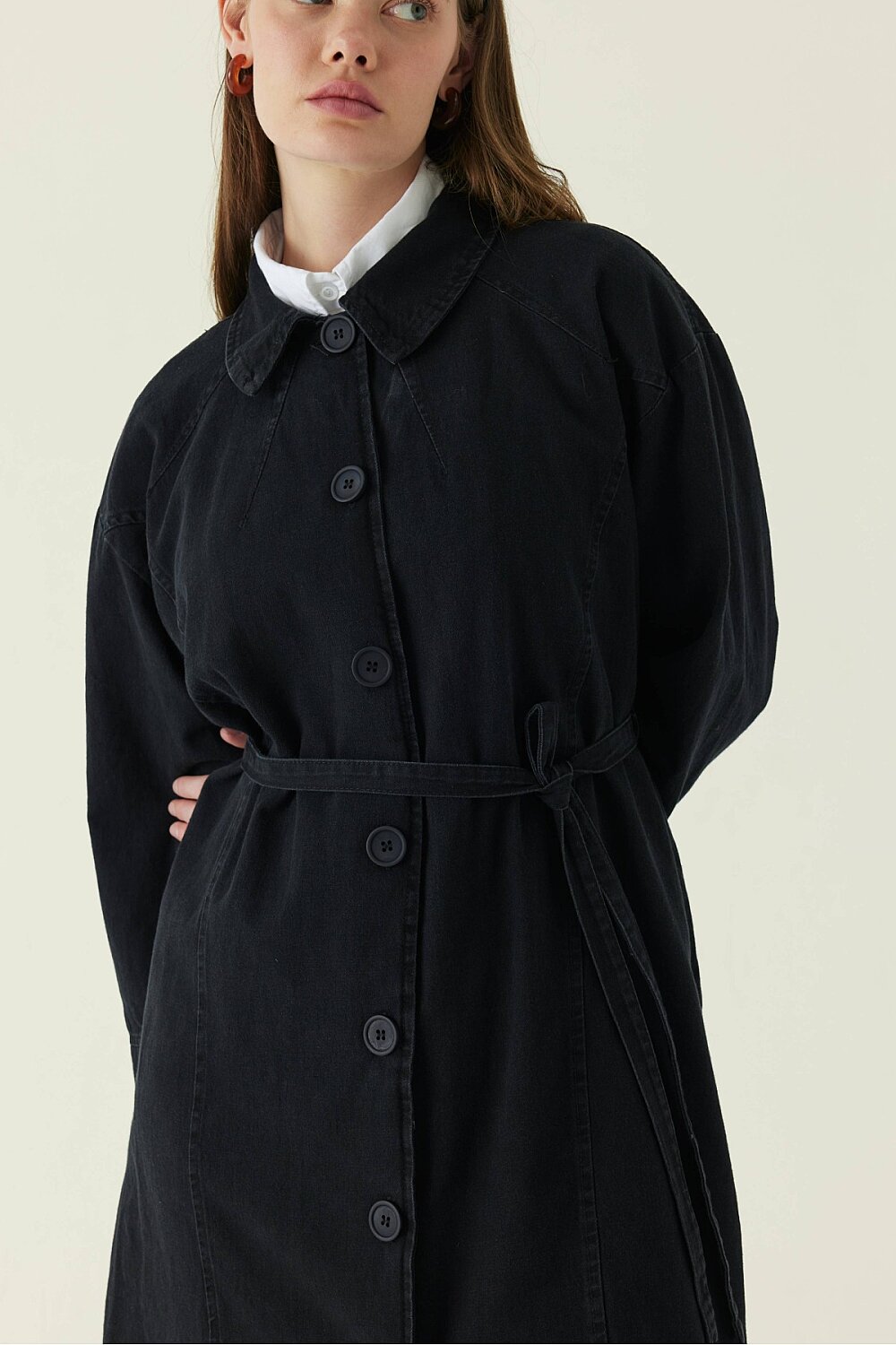 Pleat Detail Denim Coat Black - 2
