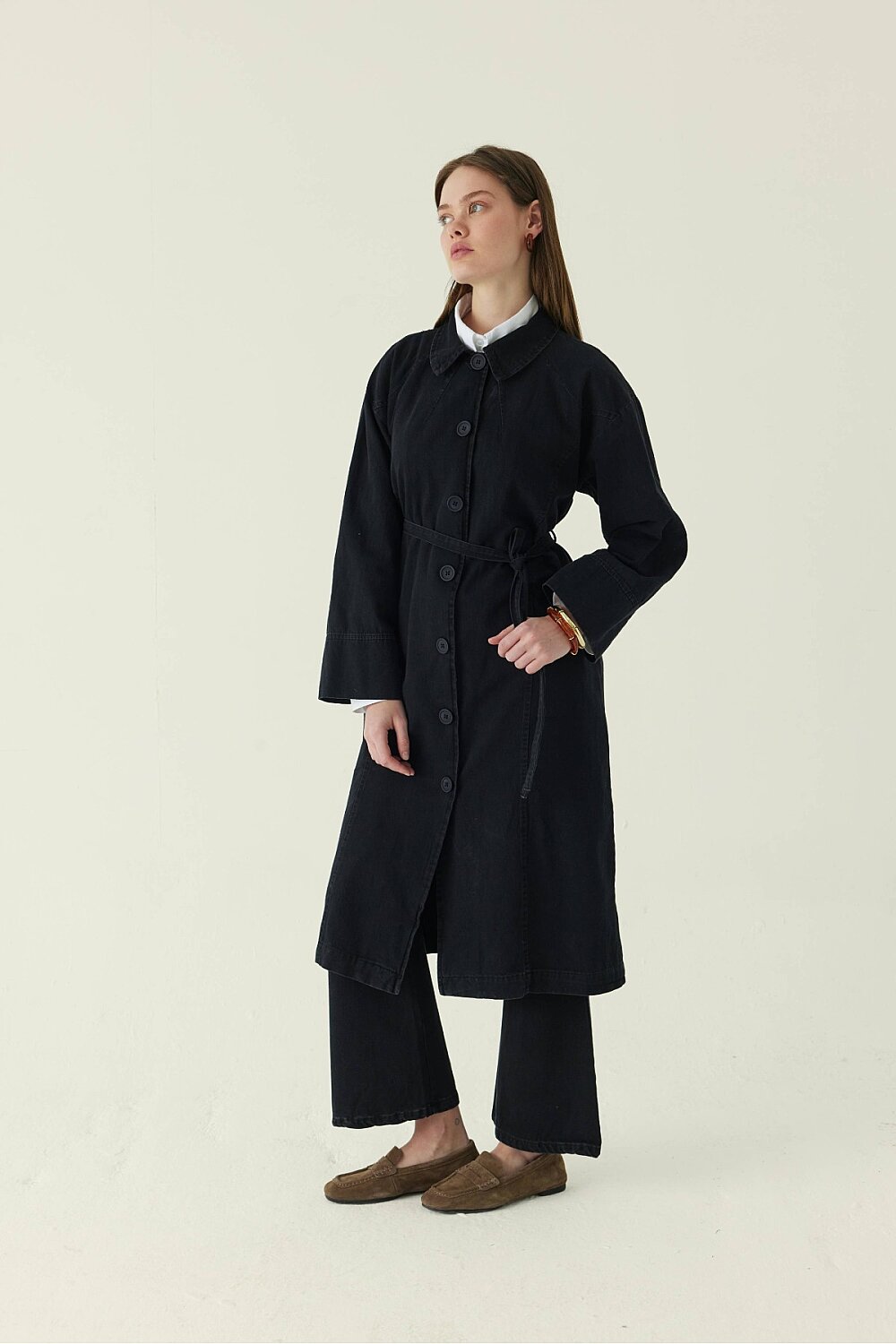Pleat Detail Denim Coat Black