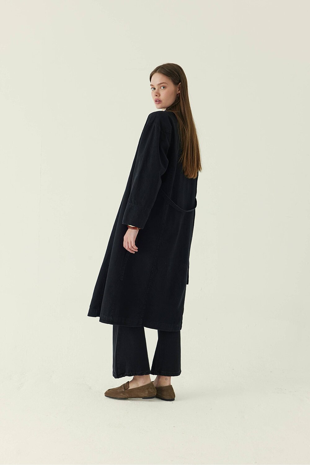Pleat Detail Denim Coat Black - 3