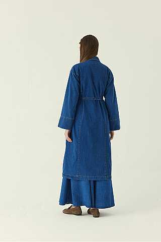 Pleat Detail Denim Coat Blue - 3