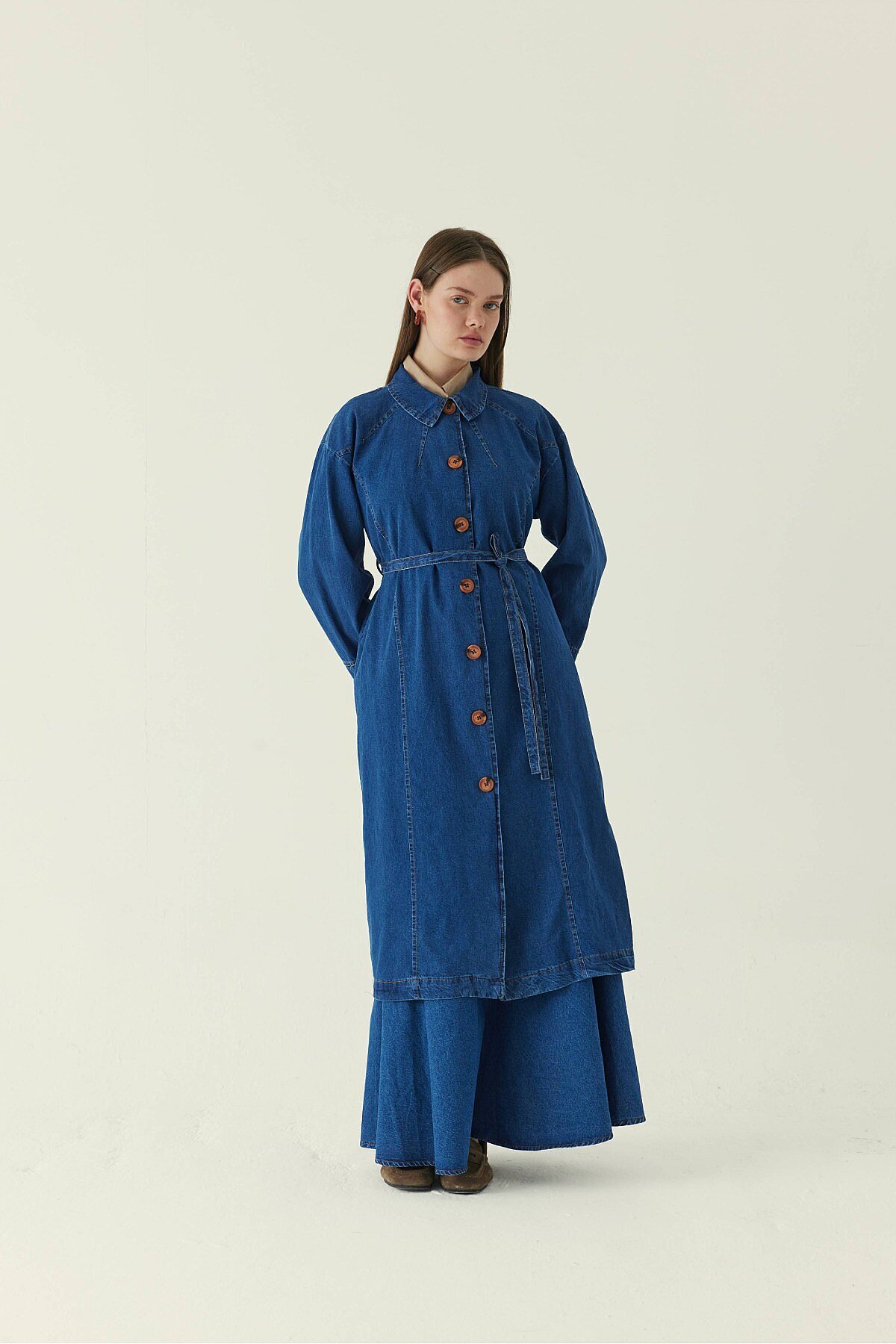 Pleat Detail Denim Coat Blue