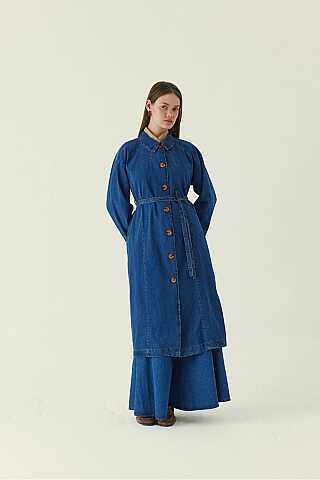 Pleat Detail Denim Coat Blue - 1