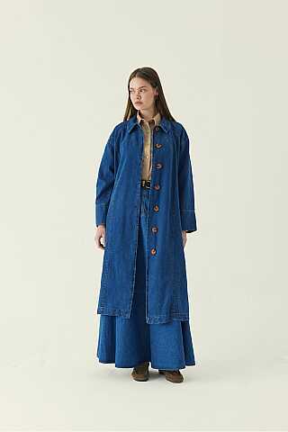 Pleat Detail Denim Coat Blue - 4