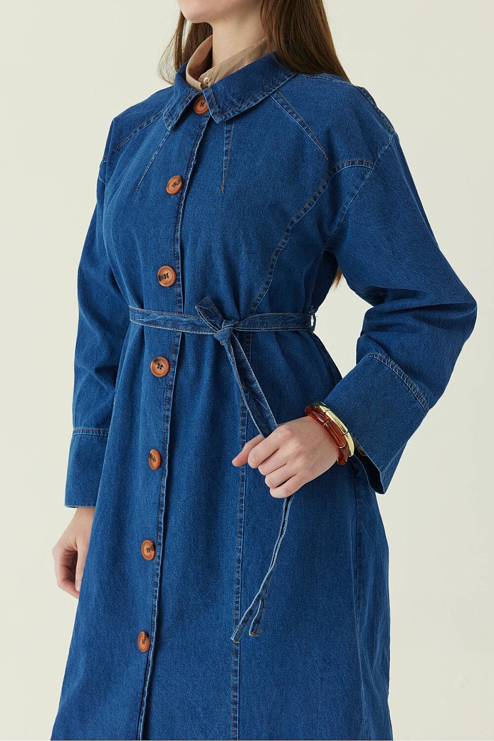 Pleat Detail Denim Coat Blue - 5