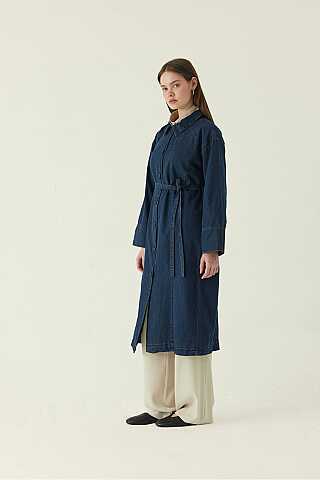 Pleat Detail Denim Coat Dark Blue - 2