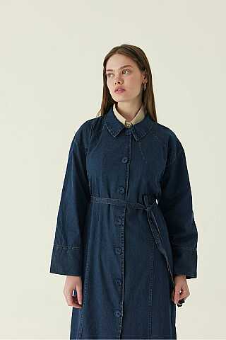 Pleat Detail Denim Coat Dark Blue - 4