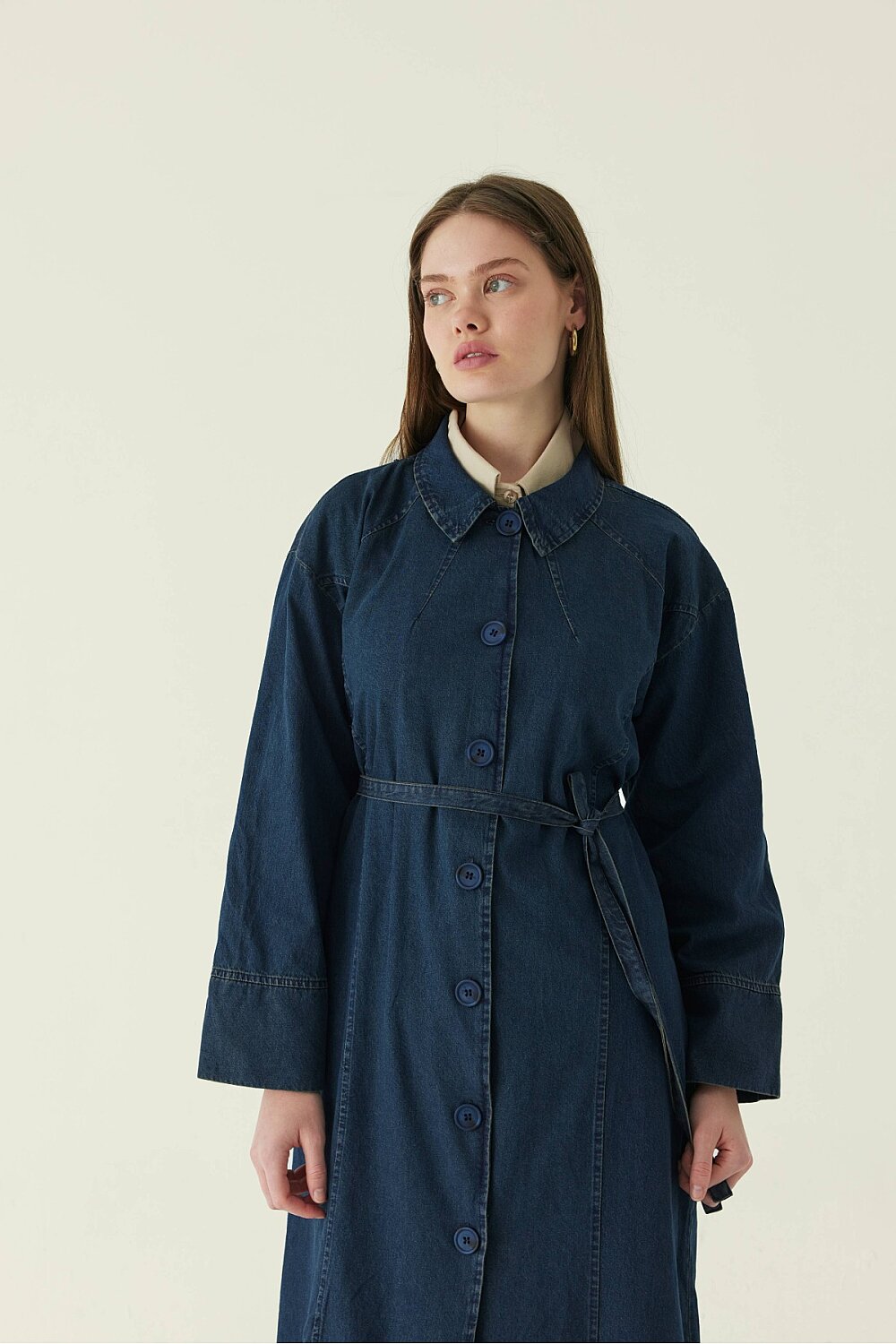 Pleat Detail Denim Coat Dark Blue - 4