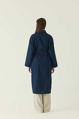 Pleat Detail Denim Coat Dark Blue - 5
