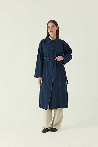 Pleat Detail Denim Coat Dark Blue - 1