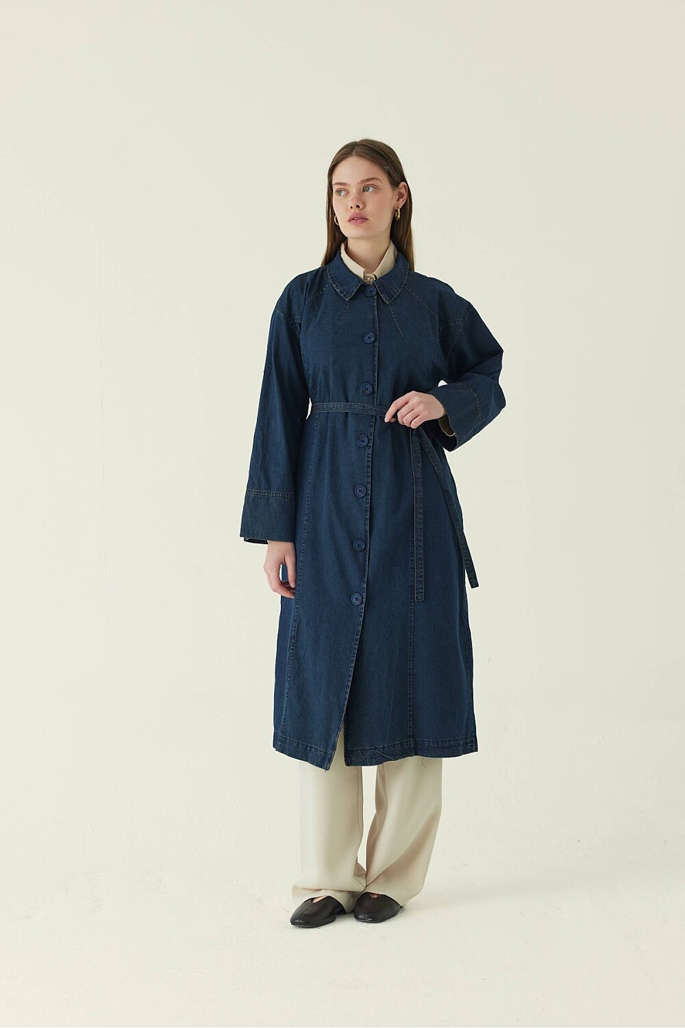 Pleat Detail Denim Coat Dark Blue - 1