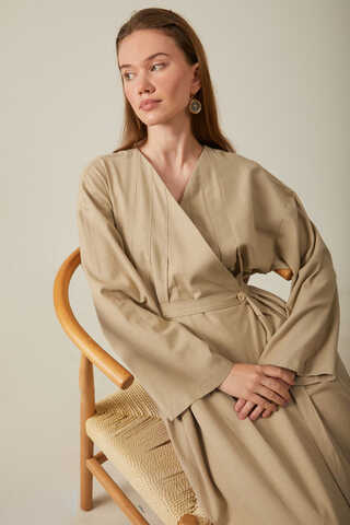 Pleated Collar Linen Abaya Baby Blue - 10