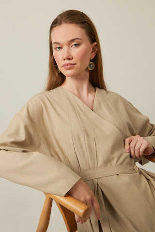 Pleated Collar Linen Abaya Baby Blue - 12