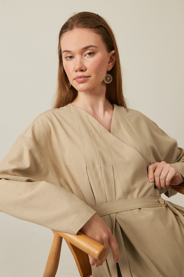 Pleated Collar Linen Abaya Baby Blue - 12