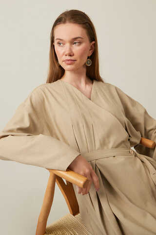 Pleated Collar Linen Abaya Baby Blue - 13