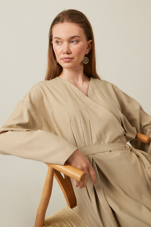 Pleated Collar Linen Abaya Baby Blue - 13