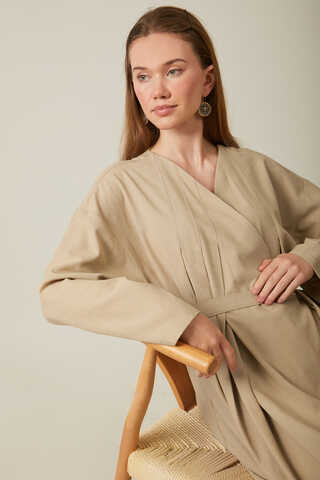 Pleated Collar Linen Abaya Baby Blue - 14