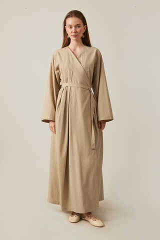 Pleated Collar Linen Abaya Baby Blue - 2