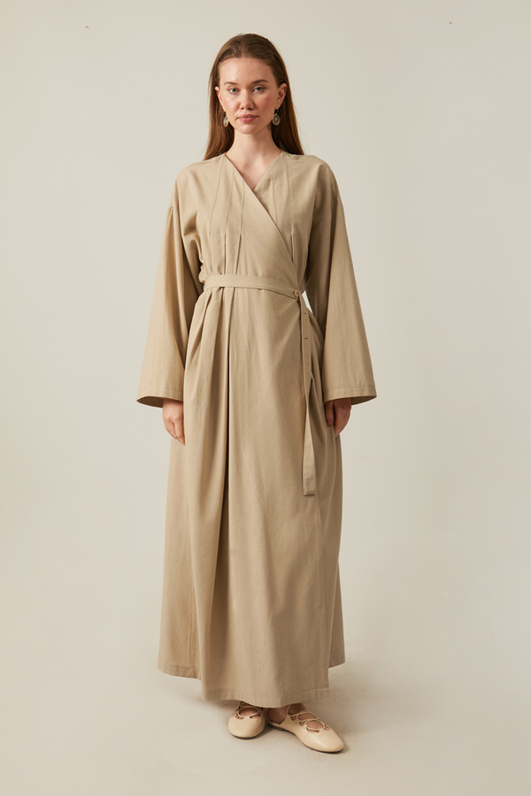 Pleated Collar Linen Abaya Baby Blue - 2