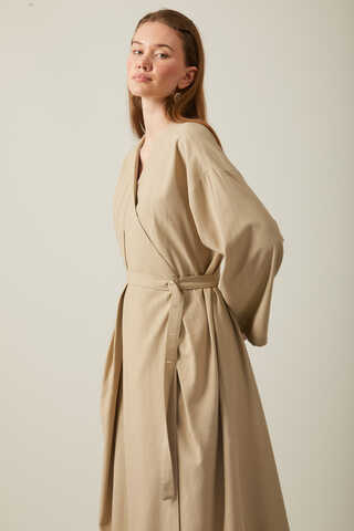 Pleated Collar Linen Abaya Baby Blue - 15