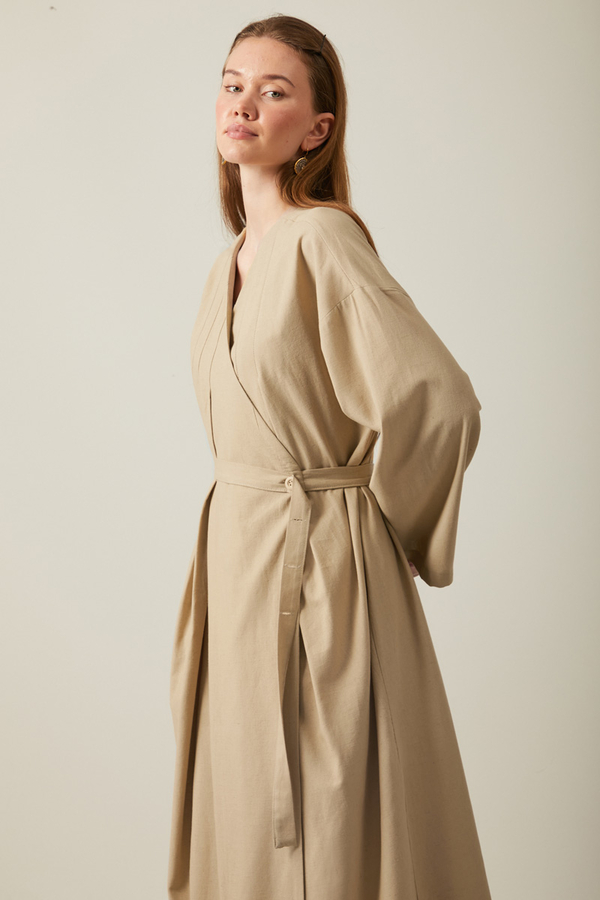 Pleated Collar Linen Abaya Baby Blue - 15