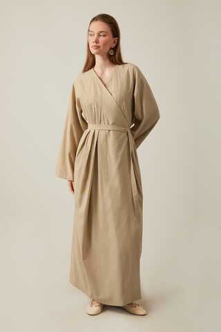 Pleated Collar Linen Abaya Baby Blue - 16